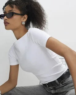 White Short Sleeve Cotton Boat Neck Top