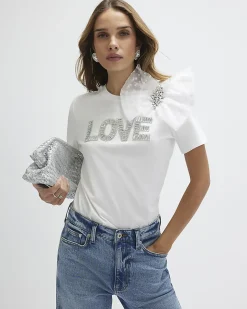 White Short Sleeve Embellished Love T-shirt