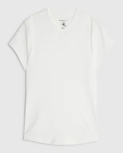 White Short Sleeve High V Neck Ribbed Top