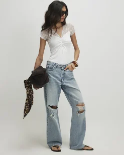 White Short Sleeve Lace Trim Ruched Top