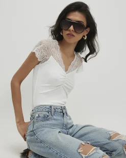 White Short Sleeve Lace Trim Ruched Top