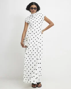 White Short Sleeve Polka Dot Maxi Dress