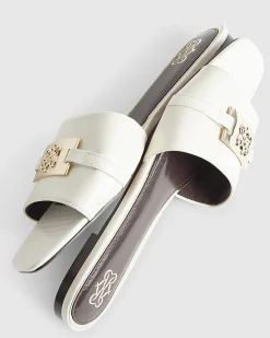 White Signature Trim Flat Mule Sandals