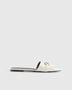 White Signature Trim Flat Mule Sandals