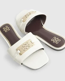 White Signature Trim Flat Mule Sandals