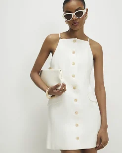 White Sleeveless Button Mini Dress