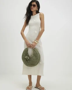 White Sleeveless 3D Flower Trim Midi Dress