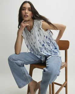 White Sleeveless Lace Trim Floral Blouse