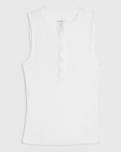 White Sleeveless Ribbed Popper Top