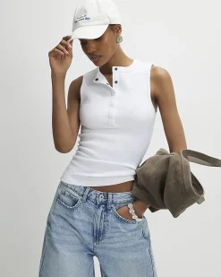 White Sleeveless Ribbed Popper Top