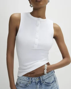 White Sleeveless Ribbed Popper Top