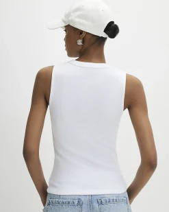 White Sleeveless Ribbed Popper Top
