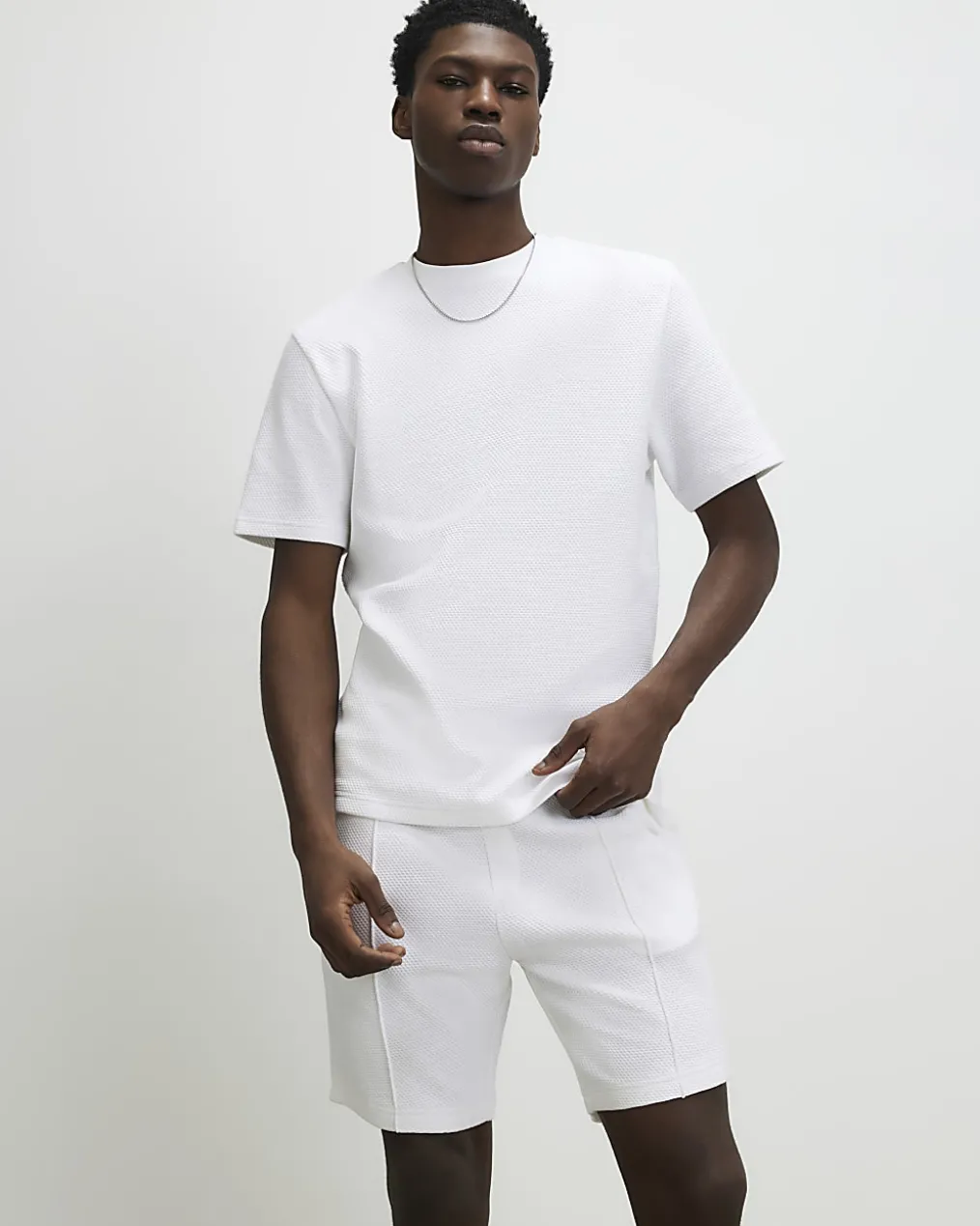 White Slim Fit Cotton Textured T-Shirt Set