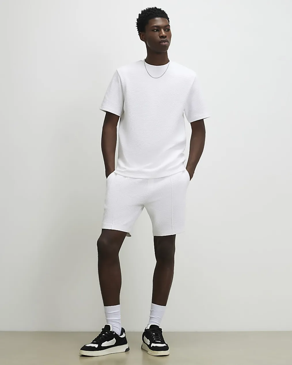 White Slim Fit Cotton Textured T-Shirt Set