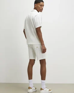 White Slim Fit Textured Stripe Shorts