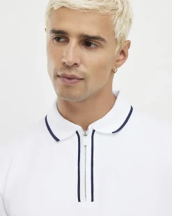White Slim Fit Textured Zip Tipped Polo Shirt