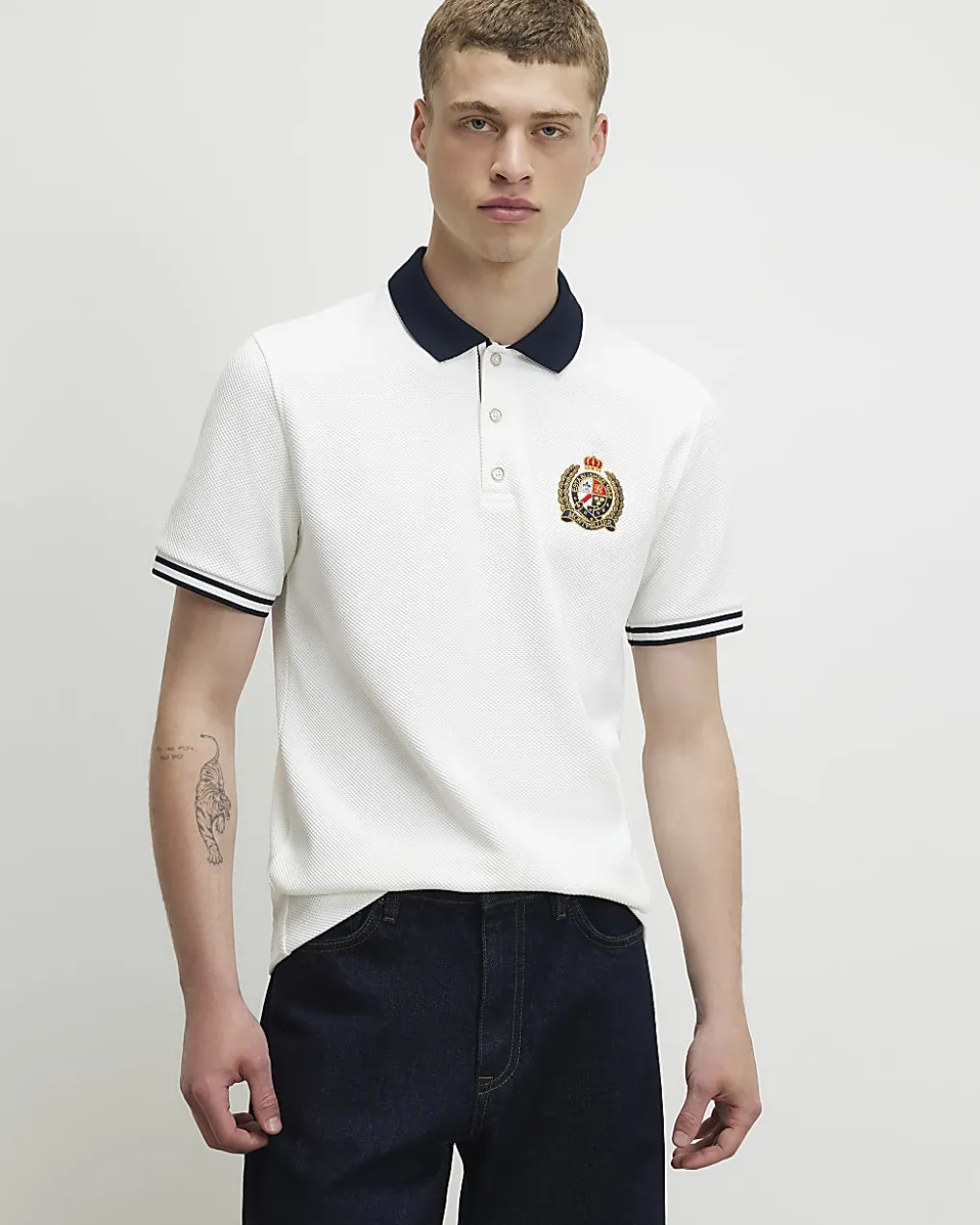 White Slim Fit Tipped Crest Polo Shirt