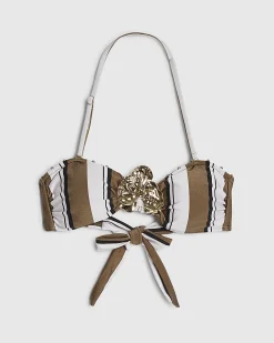 White Stripe Gold Hardware Bandeau Bikini Top