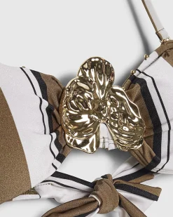 White Stripe Gold Hardware Bandeau Bikini Top