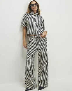 White Striped Drawstring Wide Leg Jeans