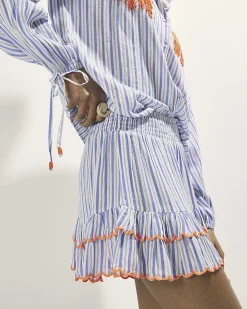 White Striped Frill Embellished Shorts
