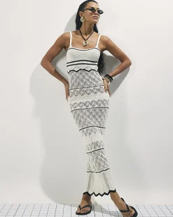 White Striped Knit Midi Dress