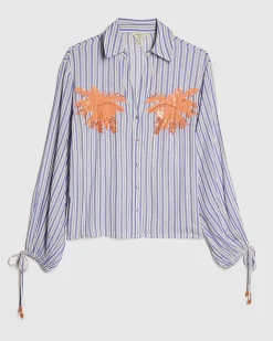 White Striped Palm Embellished Beach Shirt