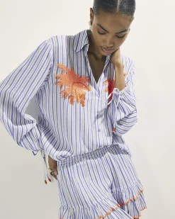 White Striped Palm Embellished Beach Shirt