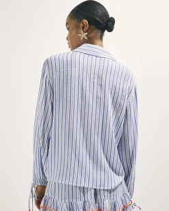 White Striped Palm Embellished Beach Shirt