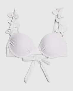 White Structured Flower Trim Bikini Top