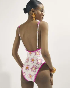 White Sun Print Textured Swimsuit