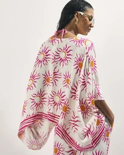 White Sun Print V-Neck Button Down Blouse