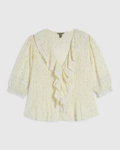 Yellow Cotton blend Floral Frill Trim Blouse