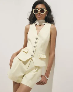 Yellow Cotton Blend Frill Pocket Waistcoat