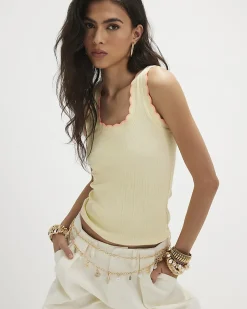Yellow Cotton Blend Scallop Trim Tank Top
