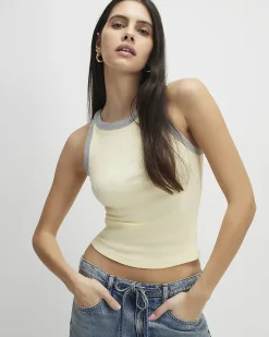 Yellow Cotton Blend Sleeveless Rib Tank Top