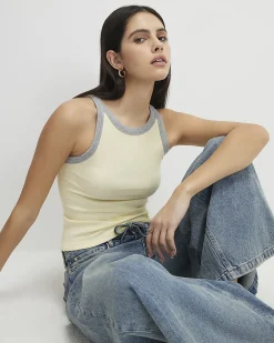 Yellow Cotton Blend Sleeveless Rib Tank Top