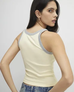 Yellow Cotton Blend Sleeveless Rib Tank Top