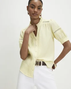 Yellow Cotton Frill Collar Pintuck Blouse