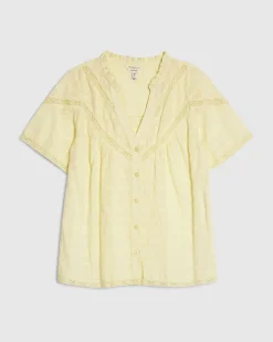Yellow Cotton Lace Button Through Blouse