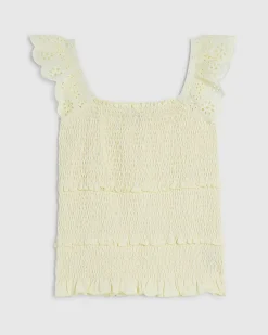 Yellow Cotton Sleeveless Shirred Broderie Top