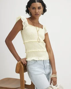 Yellow Cotton Sleeveless Shirred Broderie Top