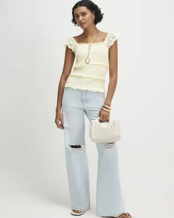 Yellow Cotton Sleeveless Shirred Broderie Top
