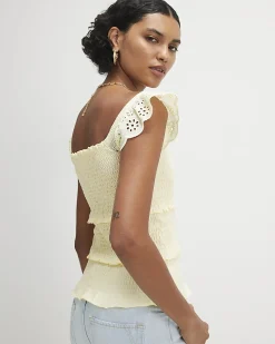 Yellow Cotton Sleeveless Shirred Broderie Top