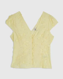Yellow 3D Floral Embellished Tie Back Blouse