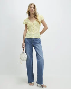 Yellow 3D Floral Embellished Tie Back Blouse