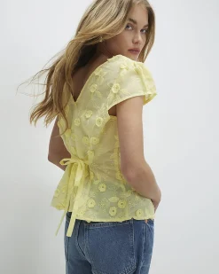 Yellow 3D Floral Embellished Tie Back Blouse