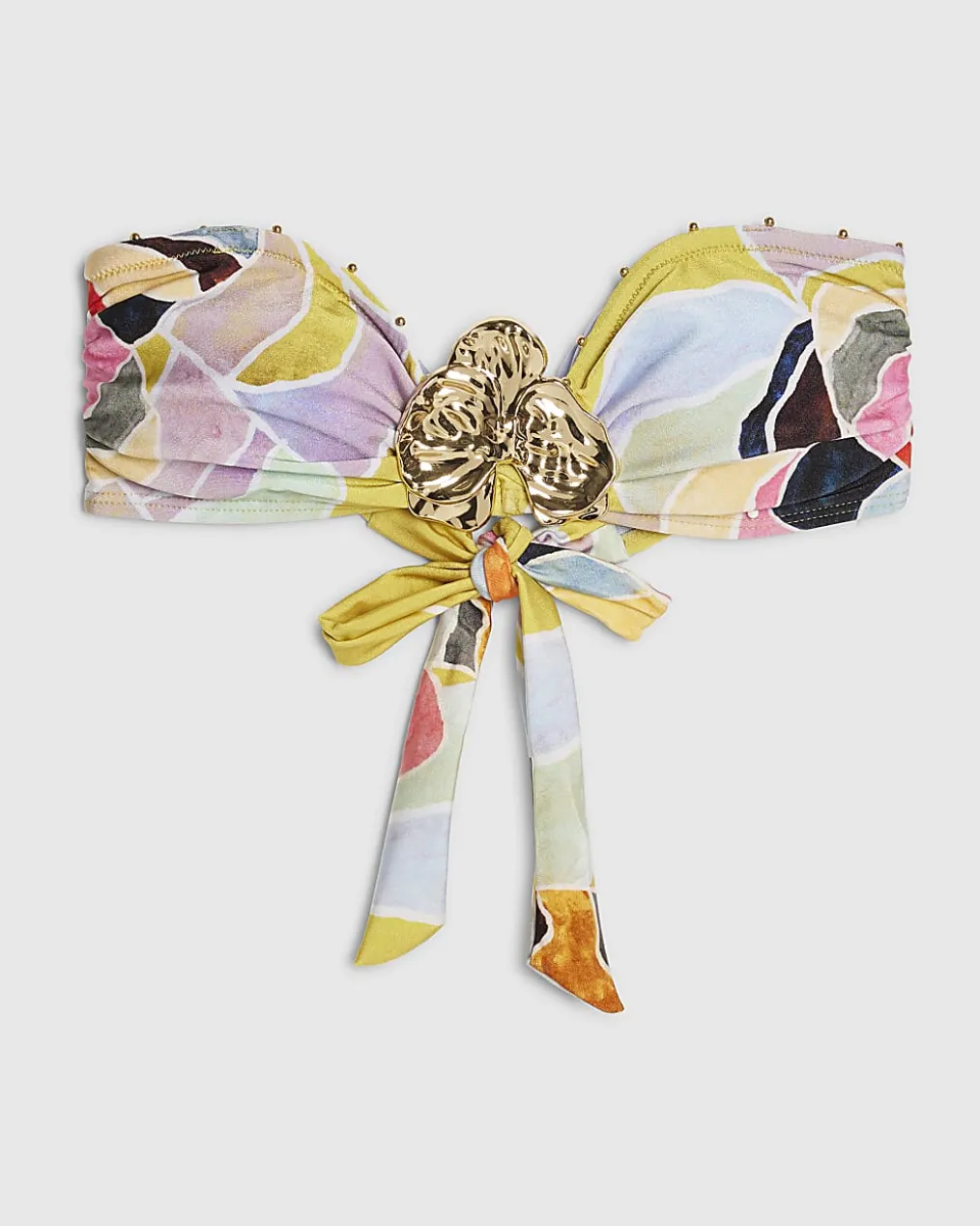 Yellow Floral Bandeau Hardware Bikini Top