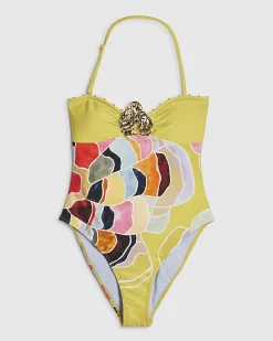 Yellow Floral Bandeau Hardware Swimsuit