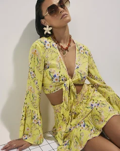 Yellow Floral Print Tie Top And Skirt Set
